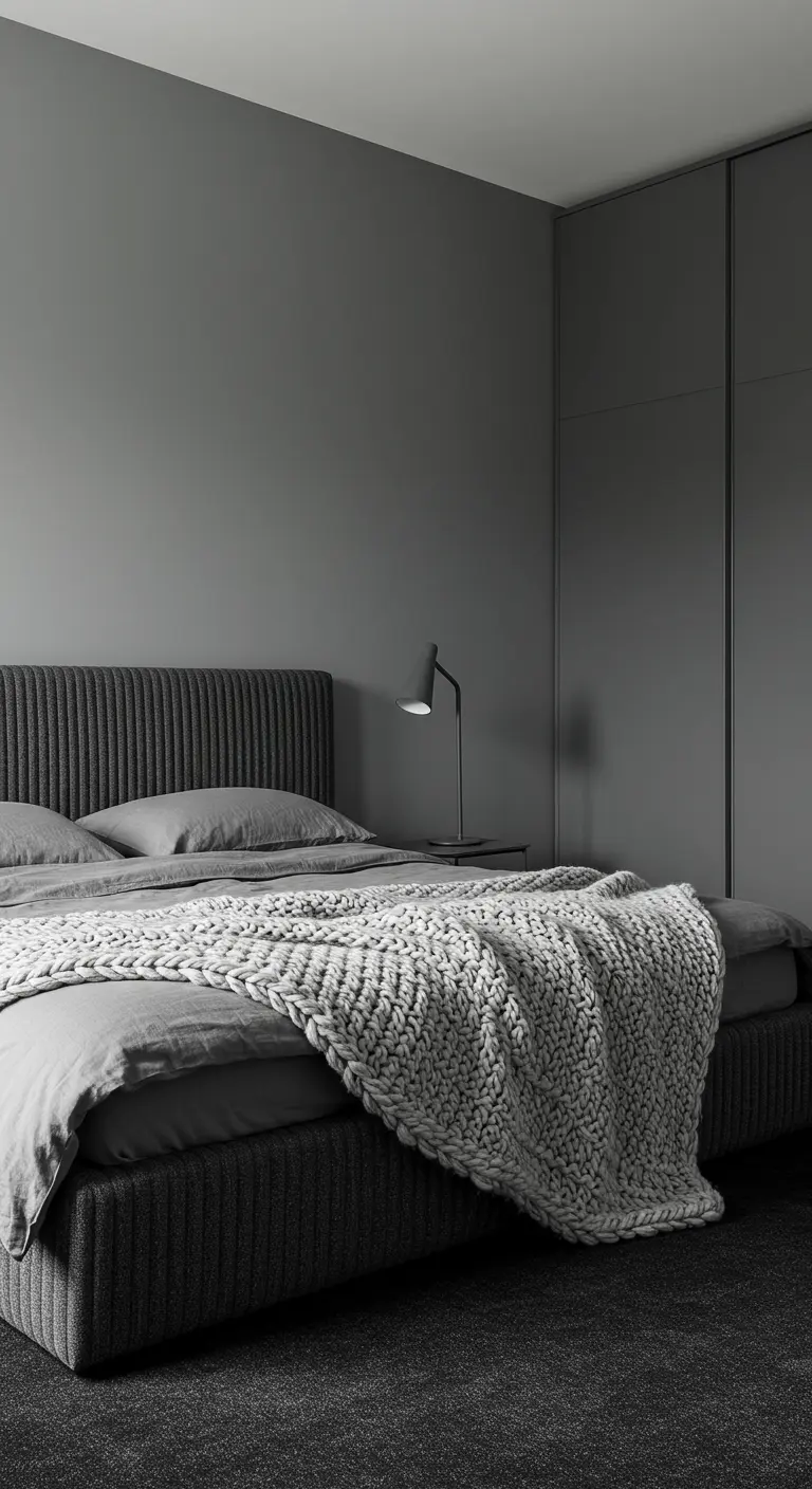 Monochrome donkergrijze slaapkamer met een geribbeld hoofdbord en een grofgebreid lichtgrijs deken.