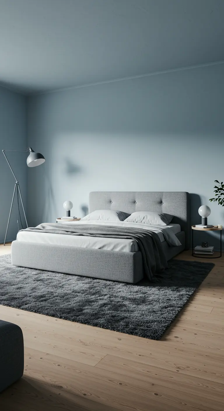 Slaapkamer in ton-sur-ton grijze en blauwe tinten, met een groot zacht tapijt.