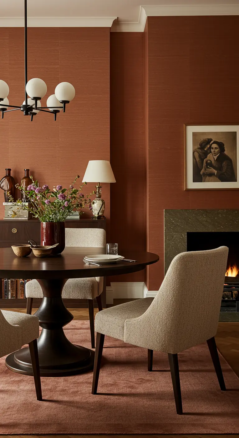 Verfijnde eetkamer met terracotta muren, een ton-sur-ton vloerkleed en een donkere eettafel.