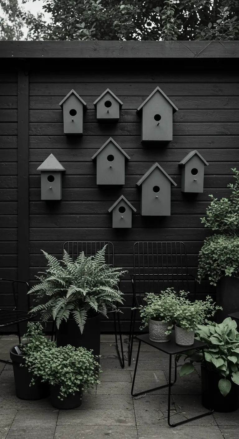 Collectie grijze vogelhuisjes van verschillende groottes aan een zwarte houten muur.