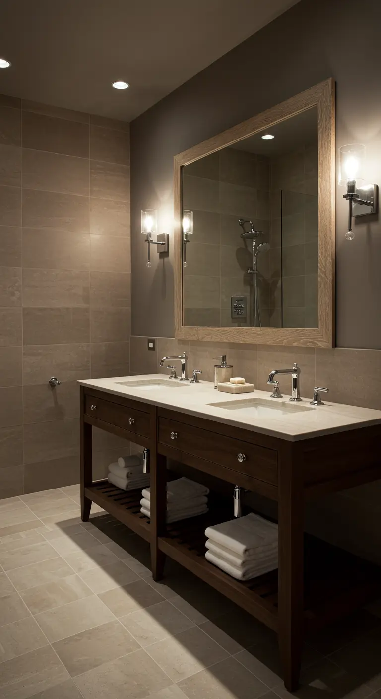Elegante badkamer met beige tegels en een donkerdere taupekleurige muur.