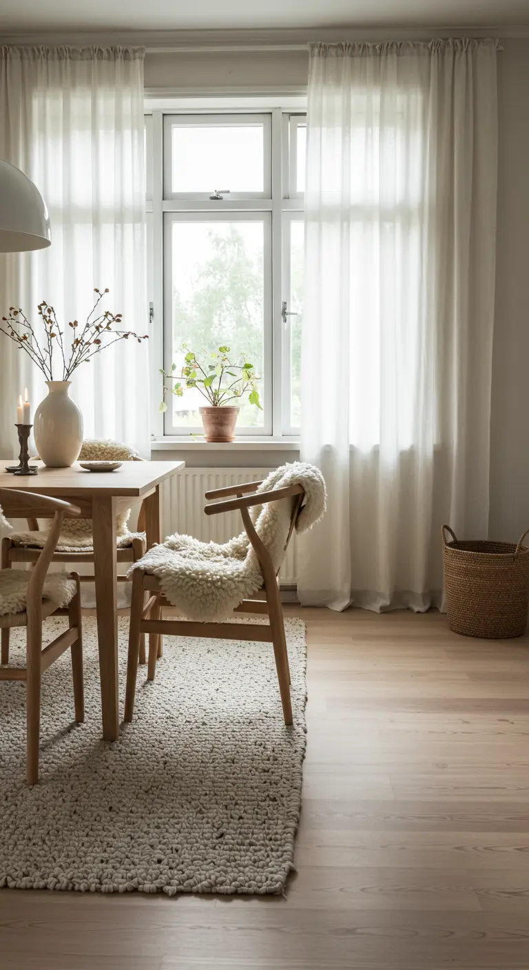 Lichte Scandinavische eetkamer met witte gordijnen, een wollen tapijt en schapenvachtjes op de stoelen.