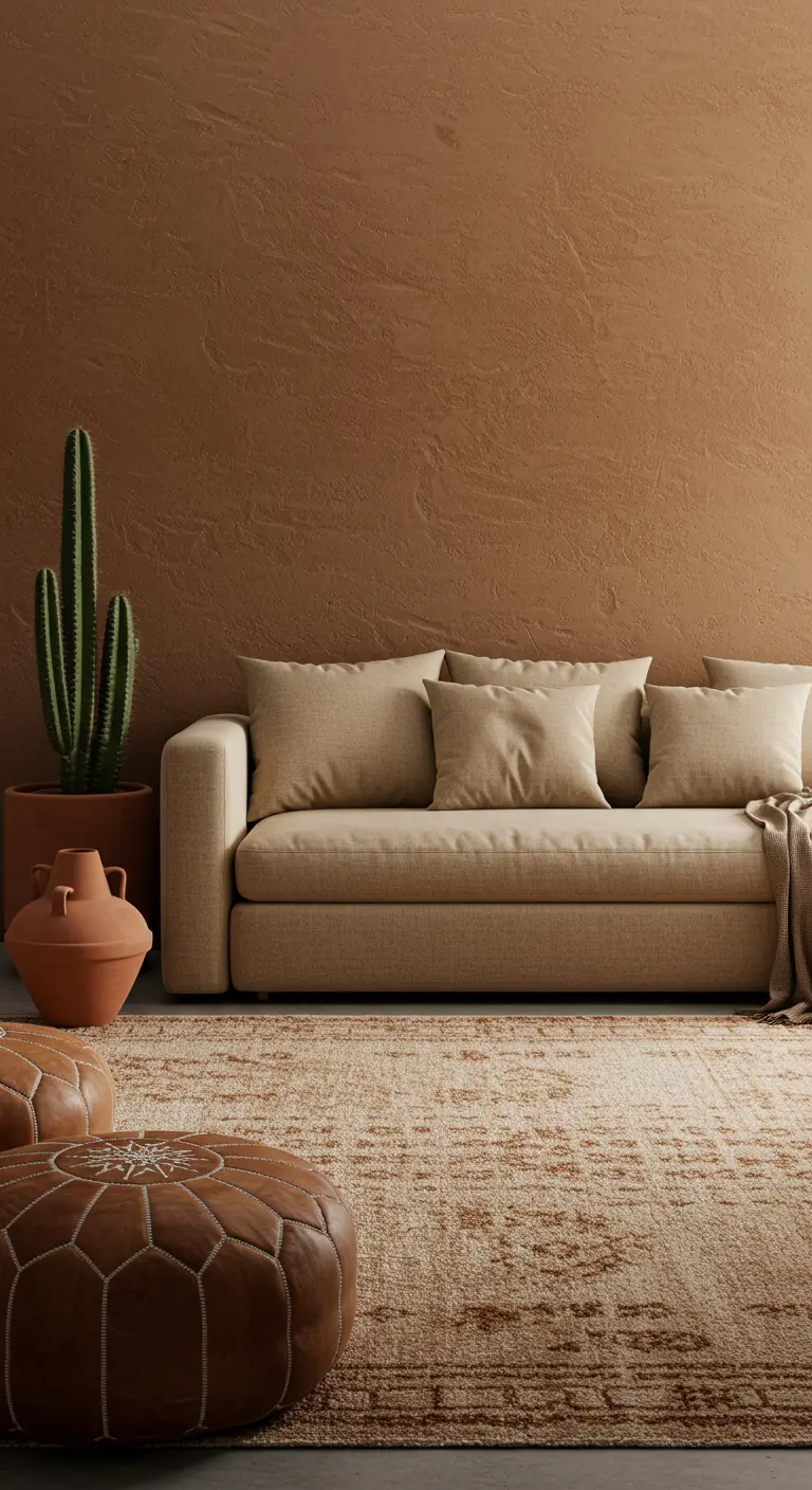 Warme woonkamer met terracotta muren, beige bank en een bruine leren poef.