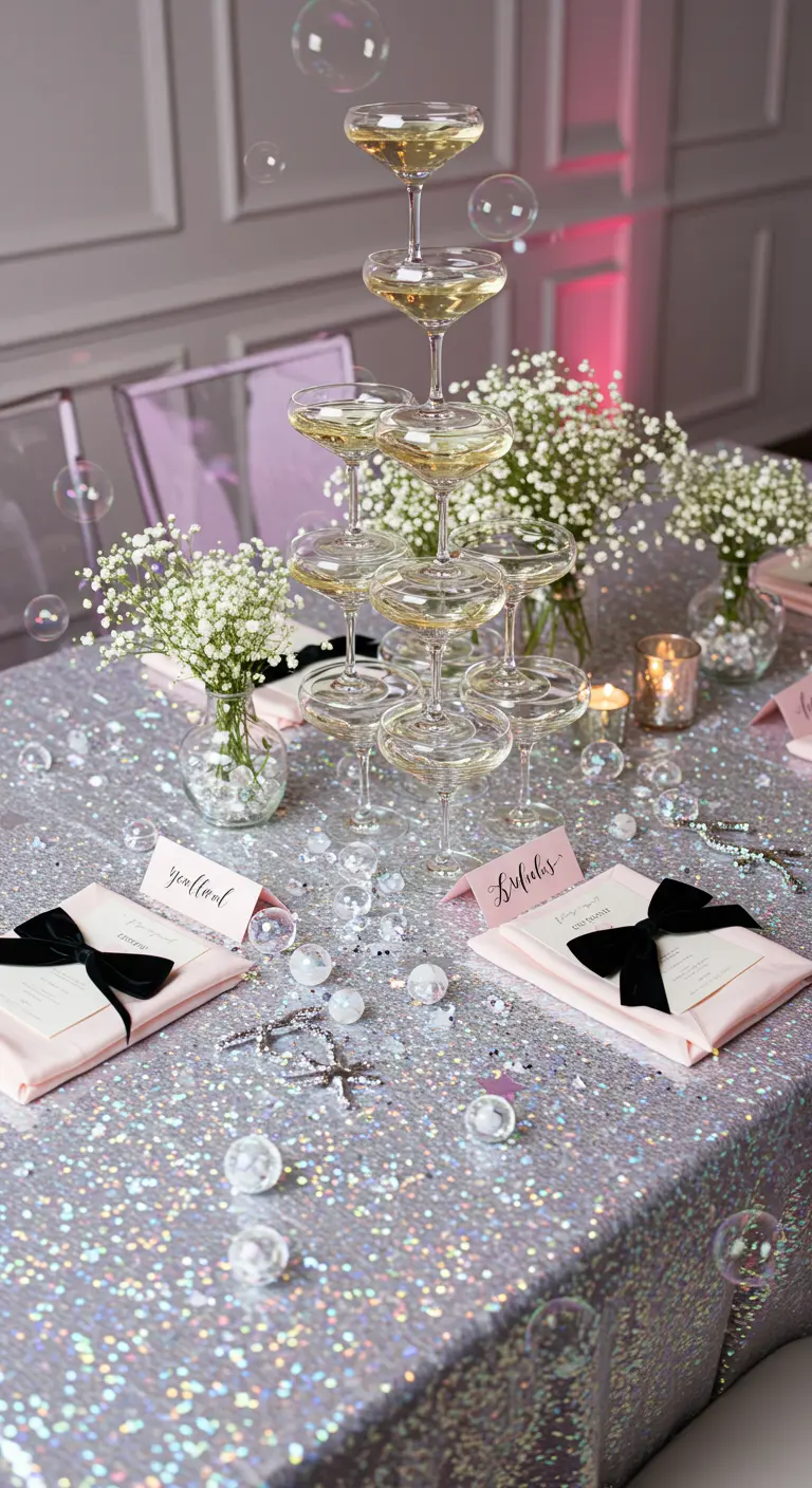 Tafel met zilveren paillettenkleed, een champagnetoren en zwevende bubbels.
