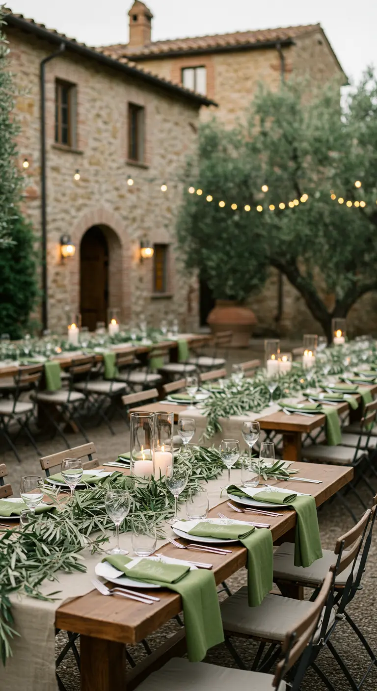 Lange houten tafels in een Toscaanse setting met olijfgroene servetten en olijftakken.