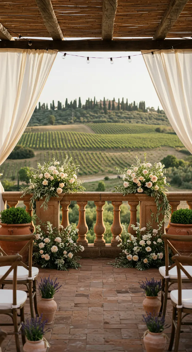 Ceremonie-opstelling op een balkon met uitzicht op Toscaanse wijngaarden en zachte bloemstukken.