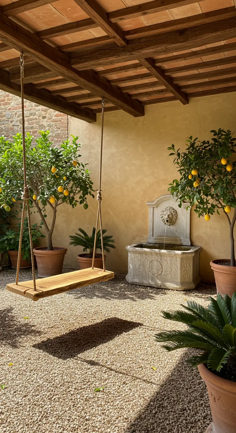 Simpele houten schommel op een Italiaanse patio met citroenbomen en een stenen wandfontein.