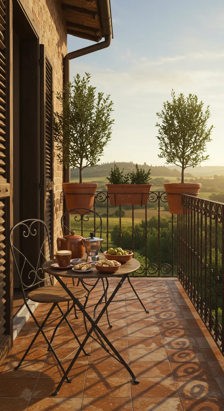 Bistroset op een balkon met terracotta vloer en olijfbomen in potten, uitkijkend over heuvels.