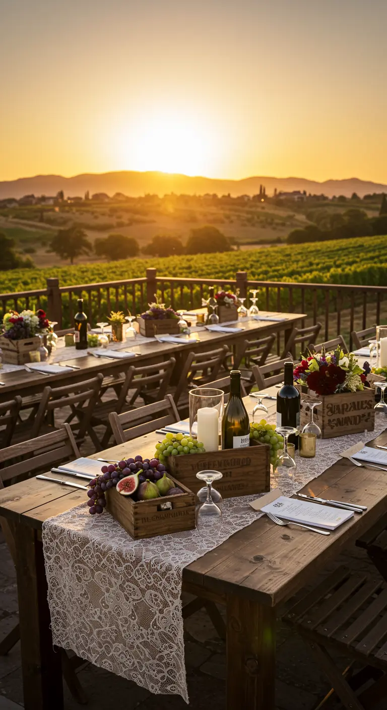 Dinertafel op een terras bij zonsondergang, met kistjes vol druiven en vijgen.