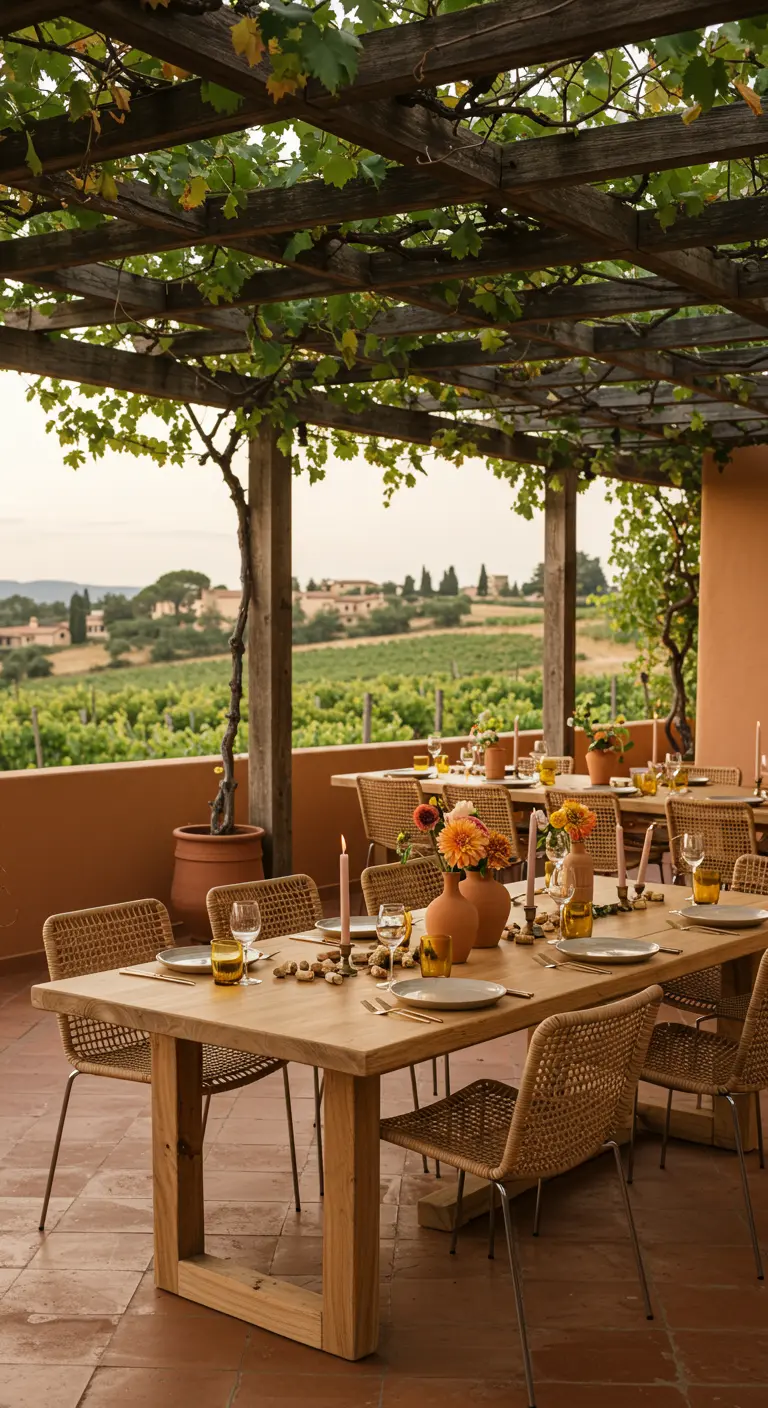 Dinertafel op een Toscaans terras met uitzicht op wijngaarden, gedecoreerd met terracotta en rotan.