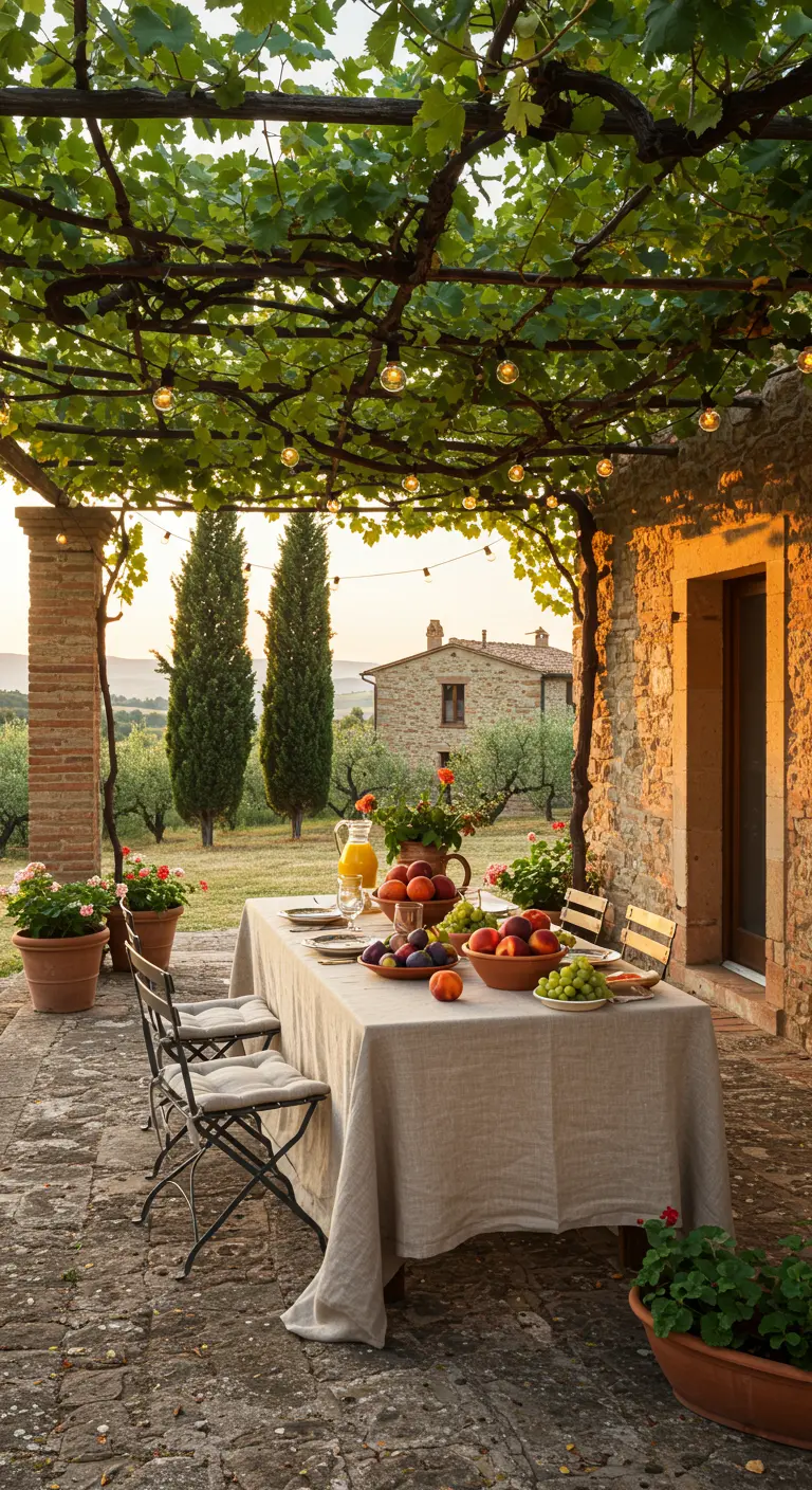 Lange tafel onder druivenranken in Toscane met fruit en lichtslingers.