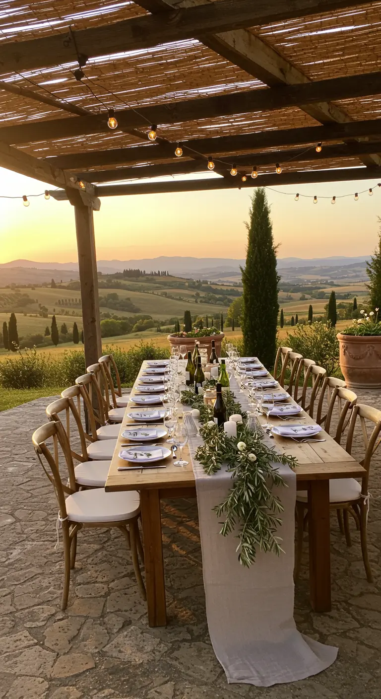 Lange houten tafel op een terras met uitzicht op Toscaanse heuvels.