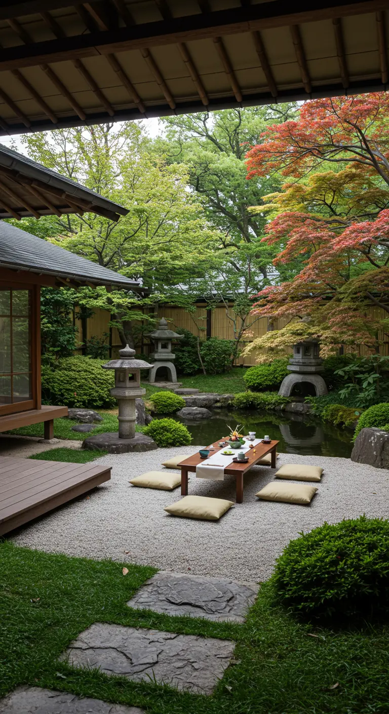 Japanse tuin met lage tafels, kussens, vijver en traditionele stenen lantaarns.