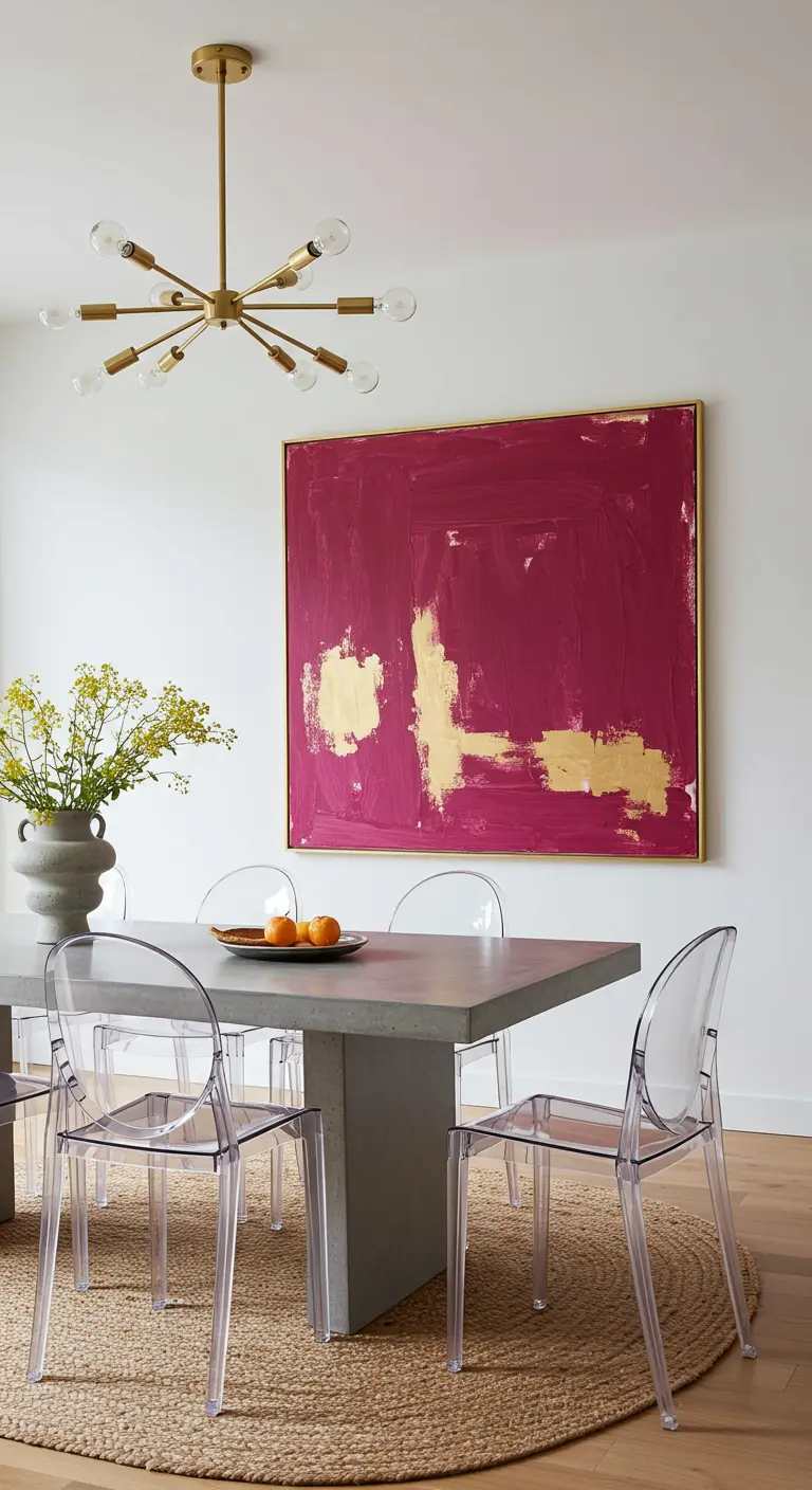 Eethoek met betonnen tafel, transparante stoelen en een groot roze-goud abstract schilderij.