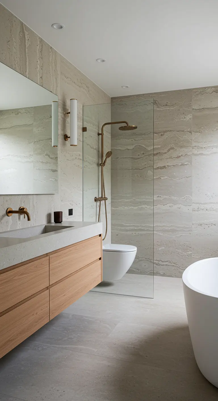 Badkamer met grote tegels met travertin-look, een houten meubel en gouden kranen.