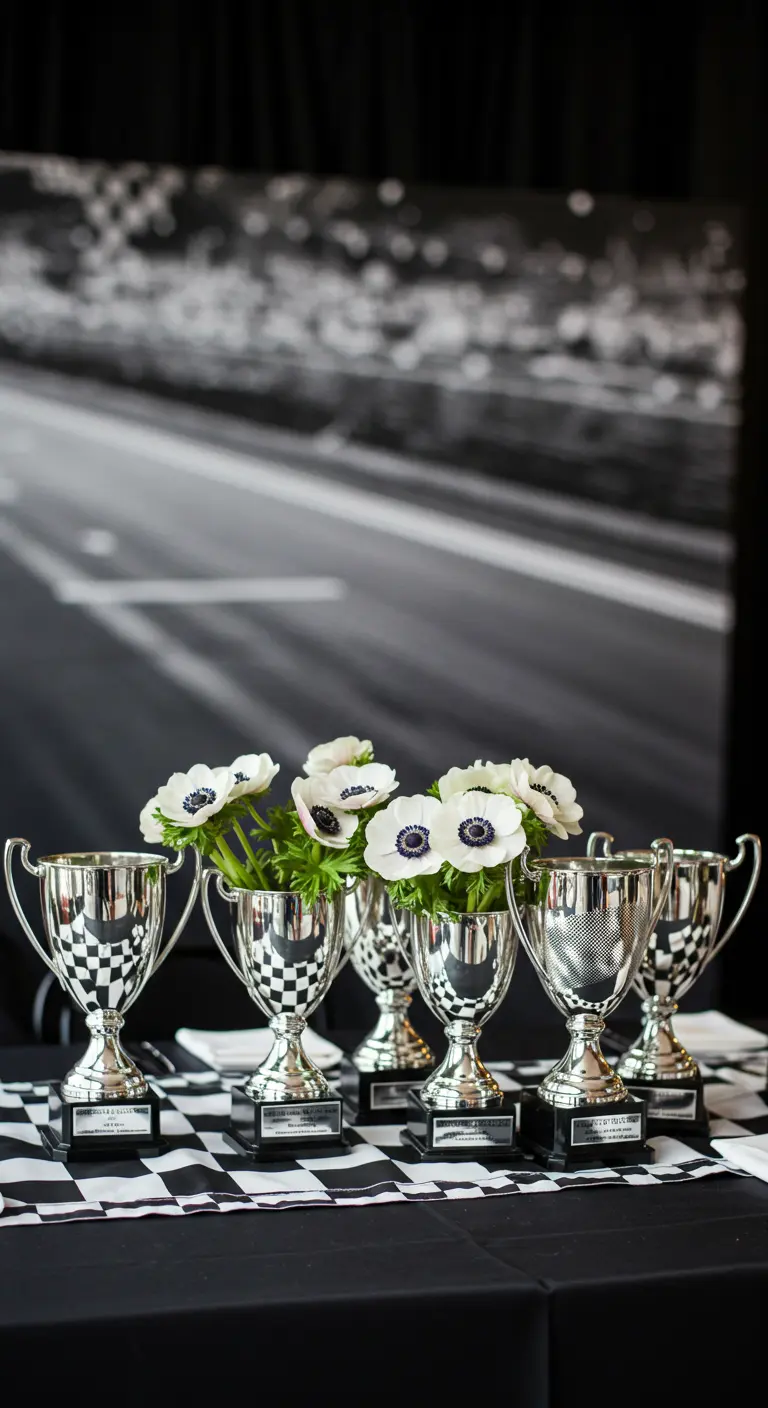 Witte anemonen in zilveren trofeeën, geplaatst op een tafel met een geblokt patroon.