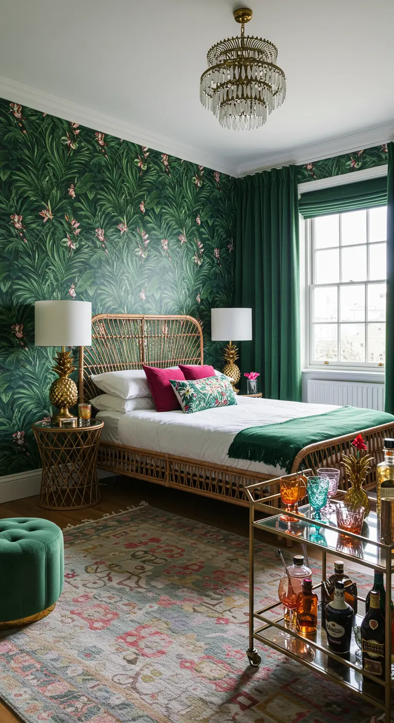 Tropische slaapkamer met bladprintbehang, rotan bed en gouden ananaslampen.