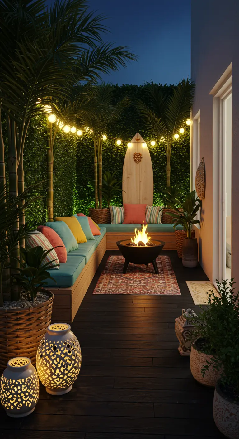 Balkon met weelderige palmbomen, groene wand, vuurkorf, kleurrijke kussens en surfboard.