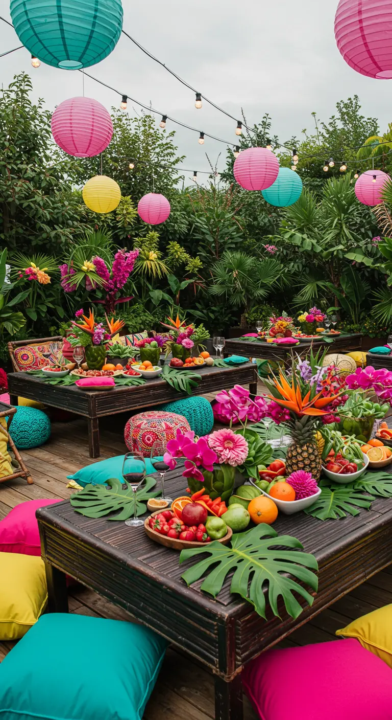 Tropische tuinparty met lage tafels, kleurrijke kussens, lampionnen en veel vers fruit.
