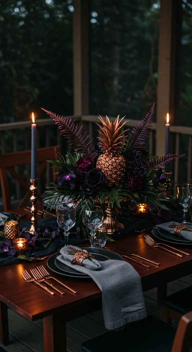 Donkere, sfeervolle tafelsetting met een gouden ananas, paarse bloemen en zwarte kaarsen.