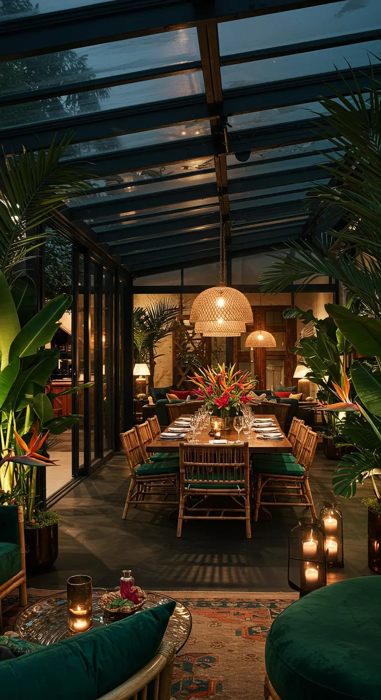 Dinerruimte met glazen dak, grote tropische planten, rieten lampen en houten meubels.