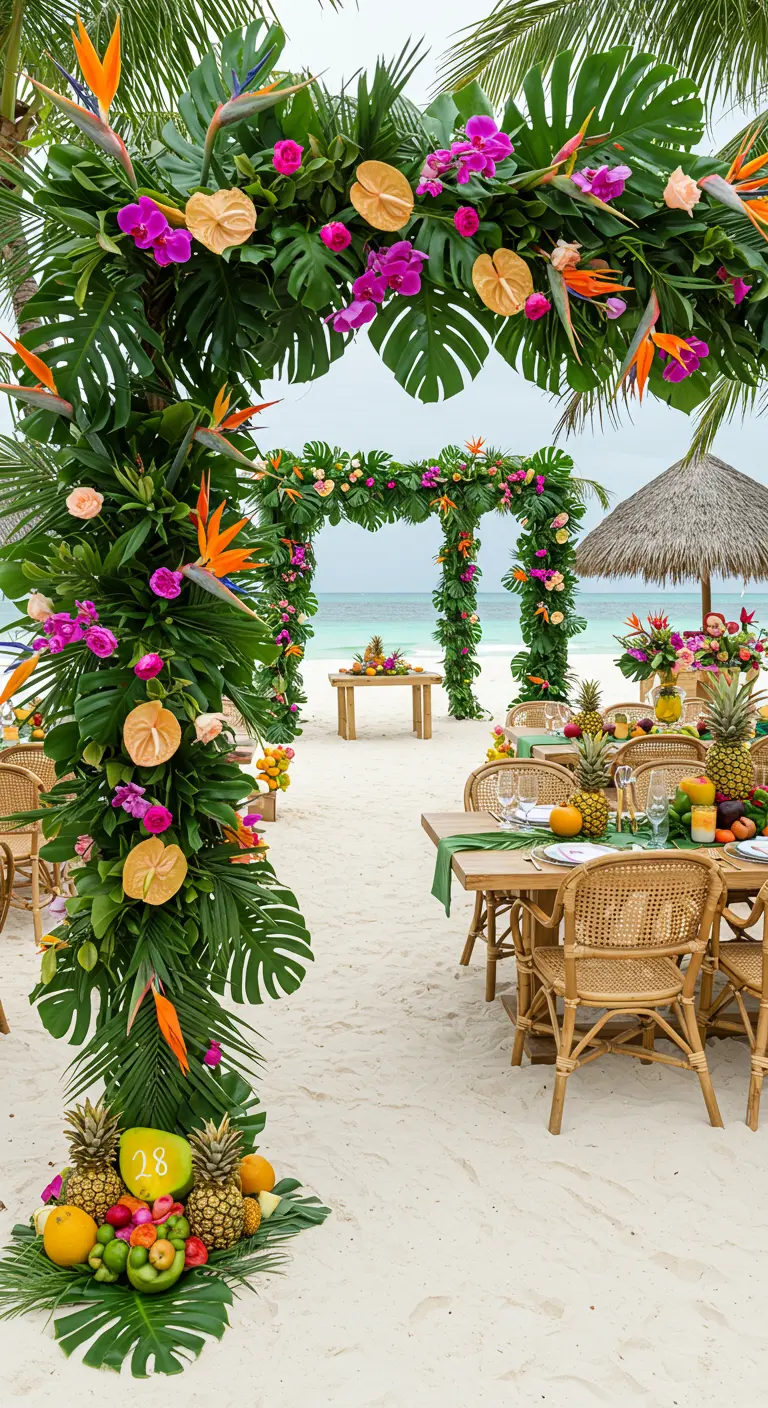Strandbruiloft met een tropische bloemenboog versierd met exotisch fruit zoals ananassen.