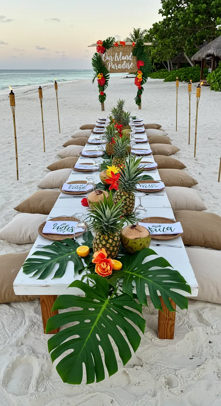 Lage witte tafel op het strand, gedecoreerd met ananassen, kokosnoten en monsterabladeren.