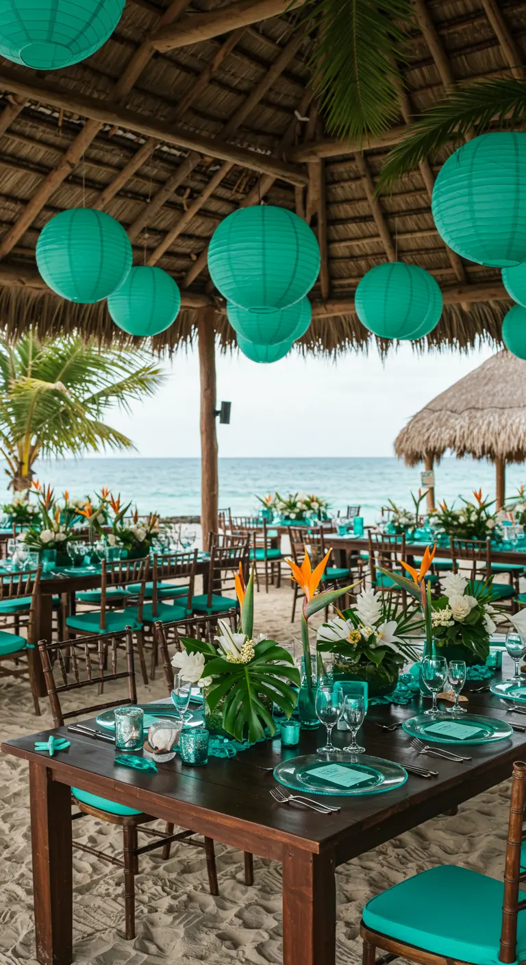 Strandbruiloft met turquoise lampionnen, stoelkussens en tropische bloemen.