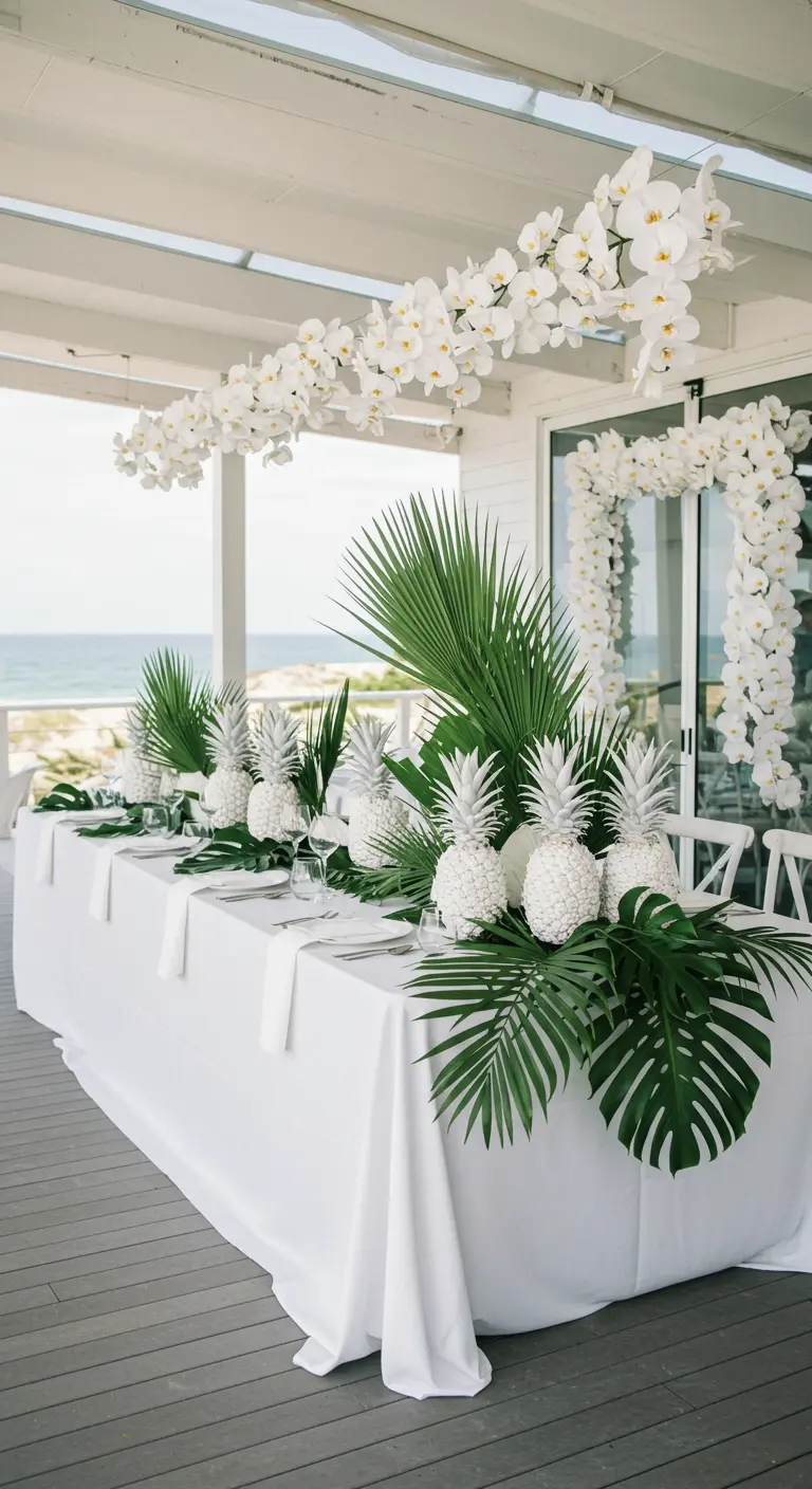 Witte buffettafel met witgespoten ananassen, groene palmbladeren en witte orchideeën.