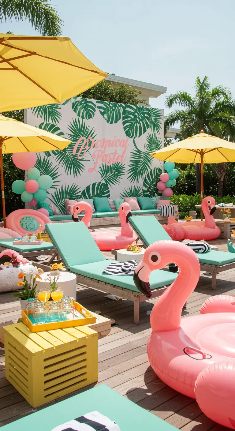 Zomers poolparty-decor met mintgroene ligbedden, roze flamingo's en gele parasols.