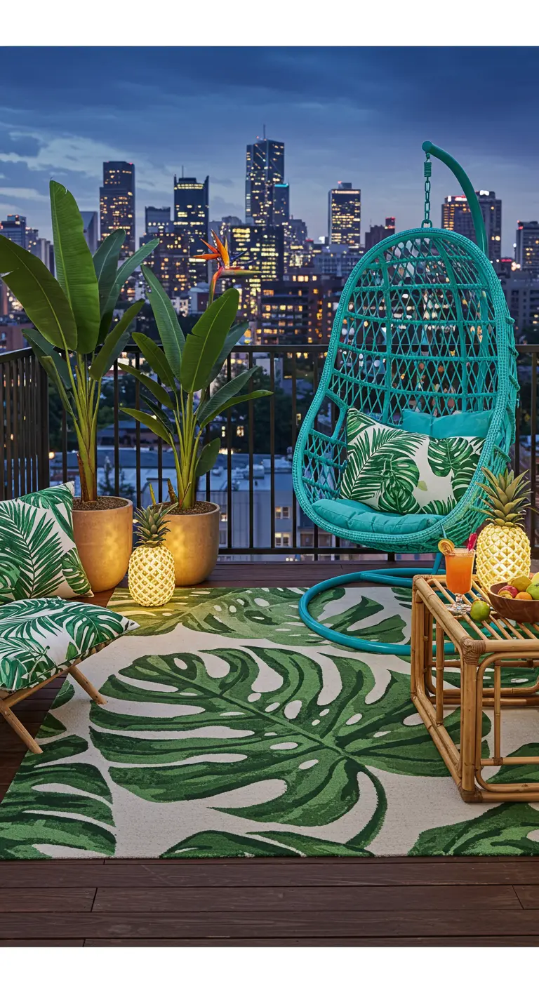 Dakterras met turquoise hangstoel, vloerkleed met bladprint en uitzicht op de stad.