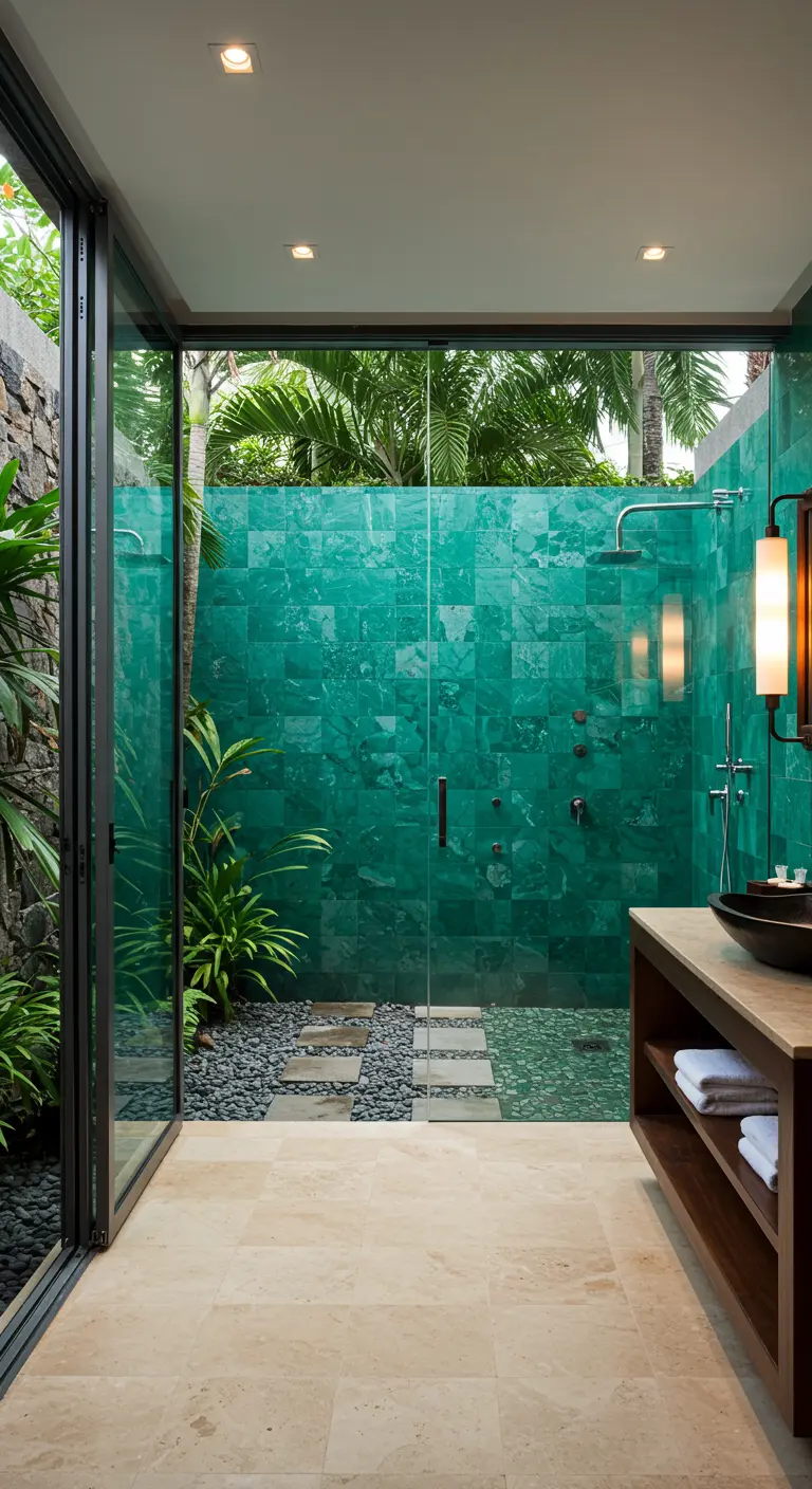 Binnen-buitenbadkamer met groene marmeren douchewand die uitkijkt op een tropische tuin.