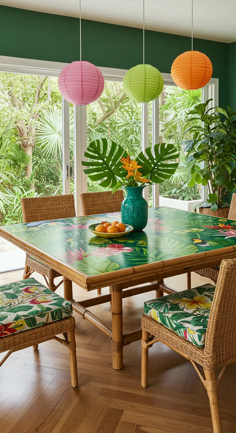Tropische eetkamer met groene geschilderde tafel, rotan stoelen en papieren lampionnen.