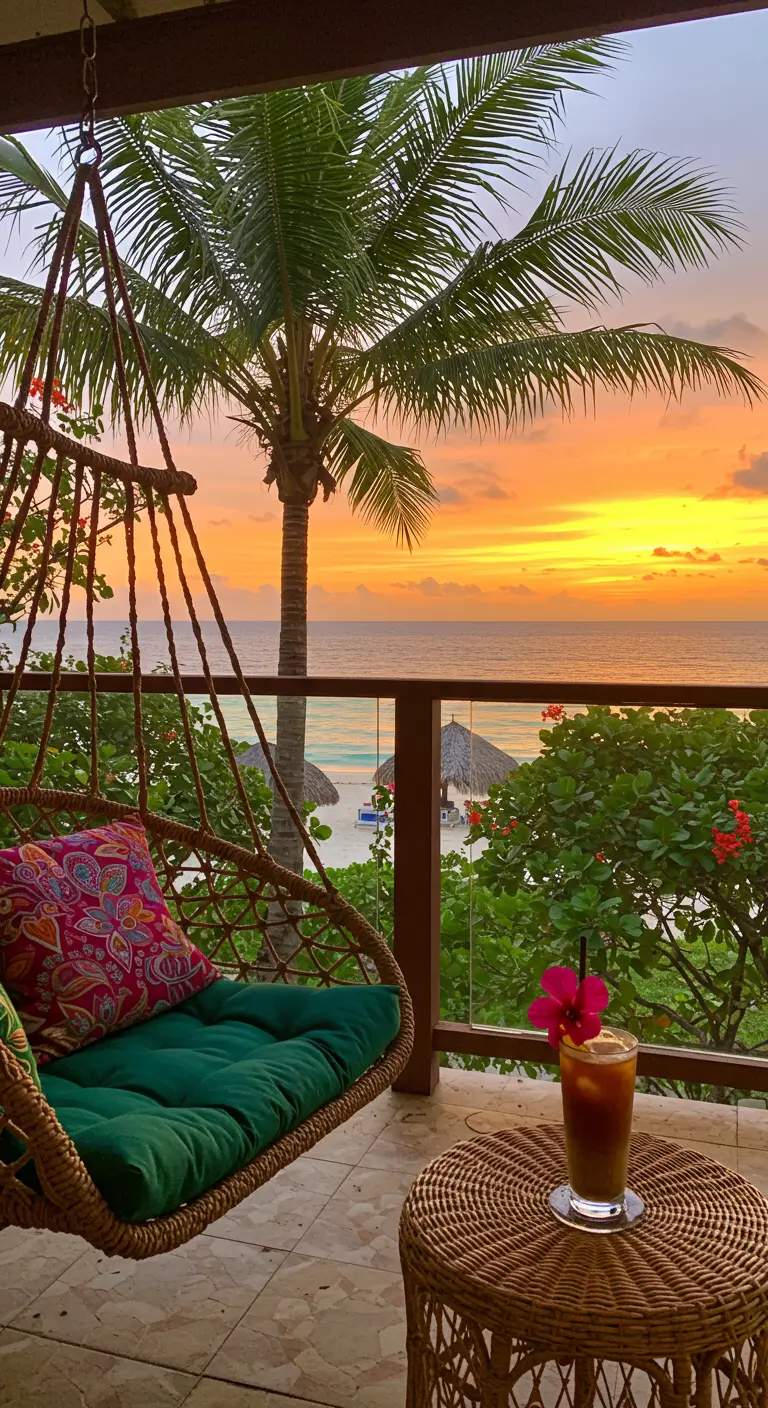 Rotan hangstoel op tropisch balkon met palmboom en zeezicht bij zonsondergang.