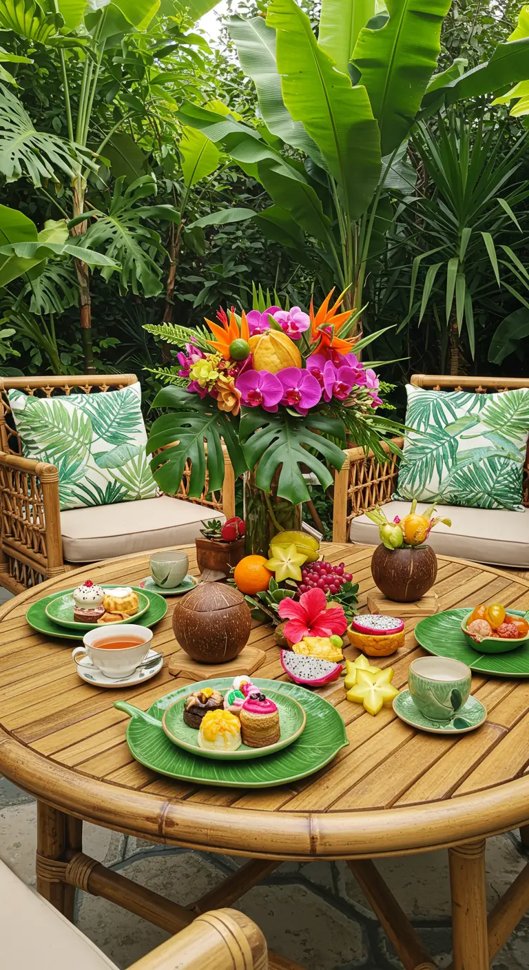 Rotan tuinset met tropische bloemen, fruit en blad-placemats in een groene oase.