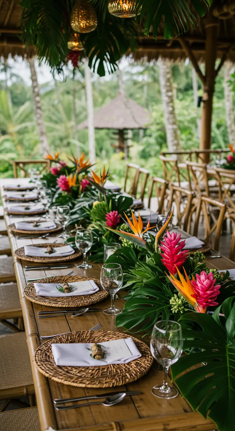 Bamboetafel gedecoreerd met grote tropische bladeren, rotan onderborden en exotische bloemen.