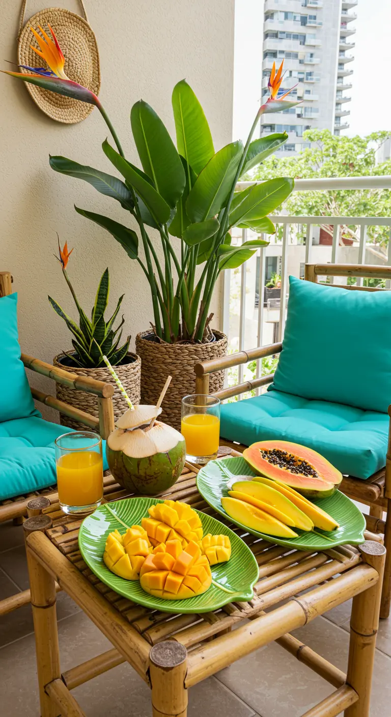 Bamboe meubels met turquoise kussens, omringd door tropische planten en vers fruit.