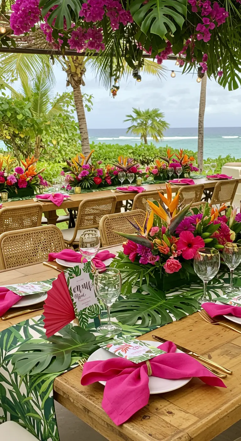 Tropical wedding table with rattan chairs, hot pink napkins, fan menus, and exotic flowers.