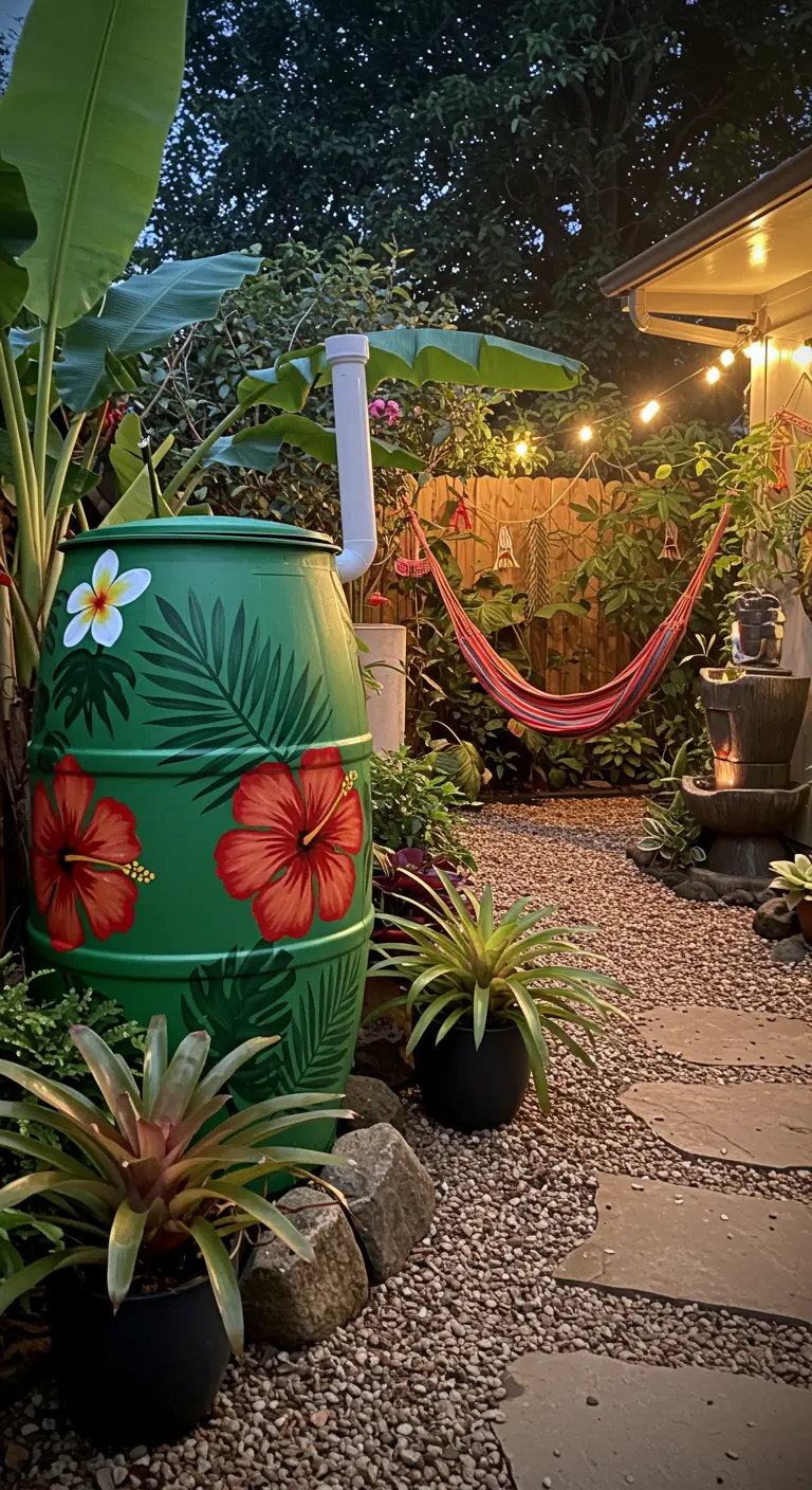 Groene regenton met handgeschilderde hibiscusbloemen en palmbladeren in een tropische tuin met hangmat.