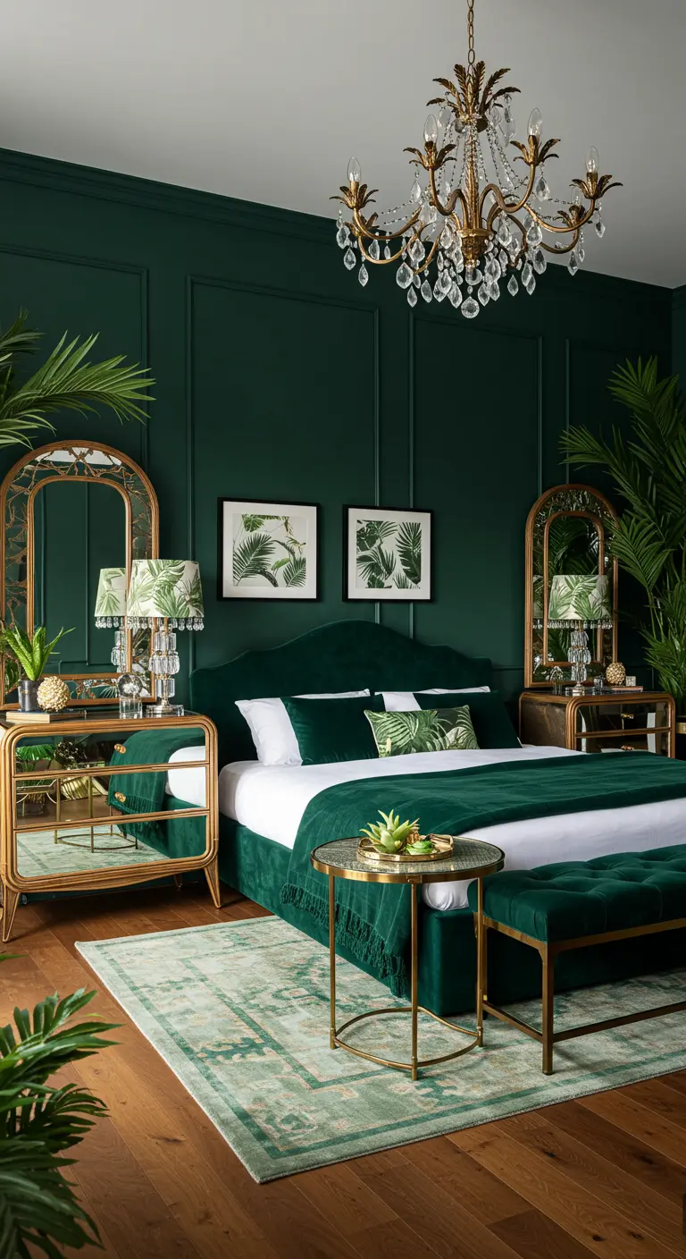 Tropische slaapkamer in groen en goud met fluwelen bed, spiegelmeubels, planten en kroonluchter.
