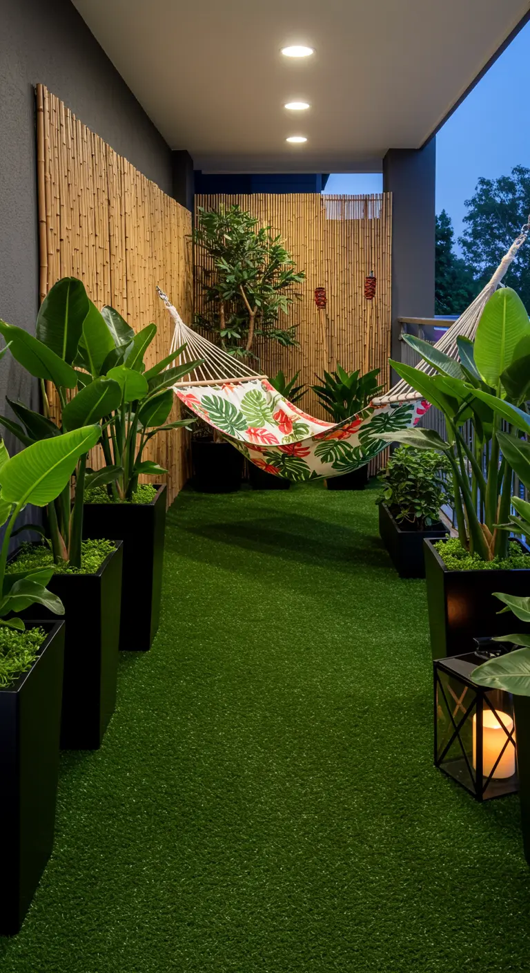 Balkon met kunstgras, een hangmat, bamboeschutting en grote tropische planten.
