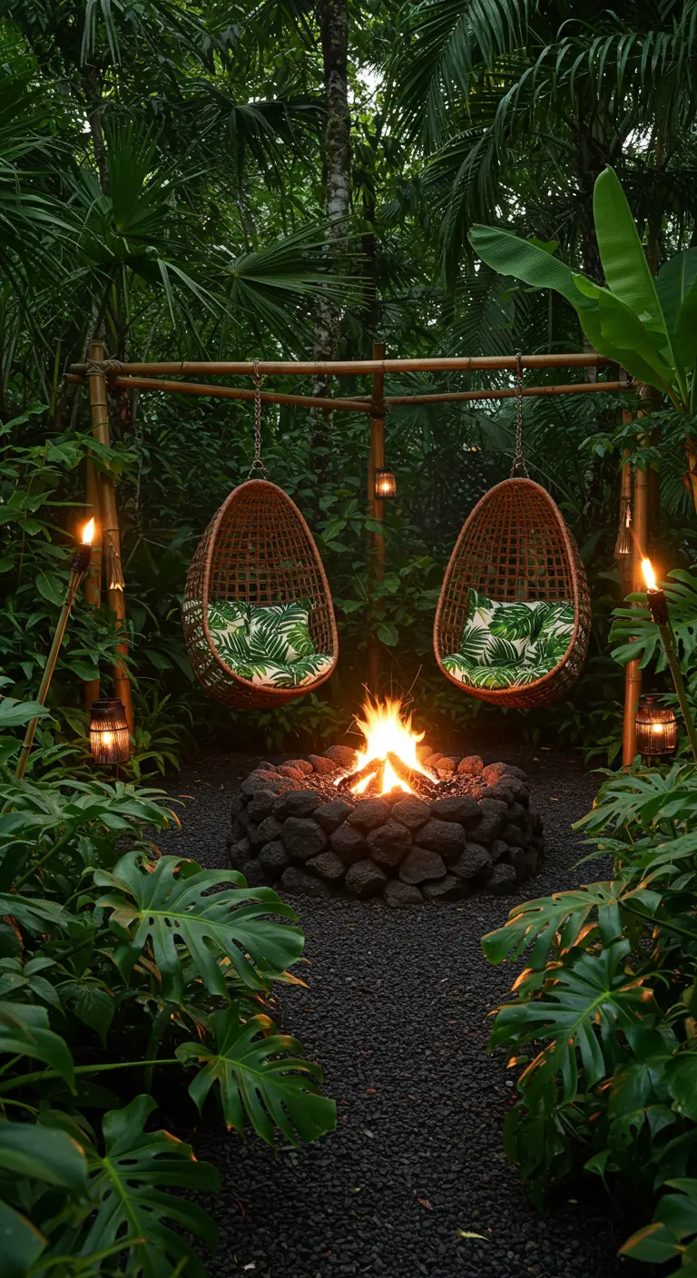 Twee rotan hangstoelen in een bamboeframe, rond een vuurplaats van lavastenen in de jungle.
