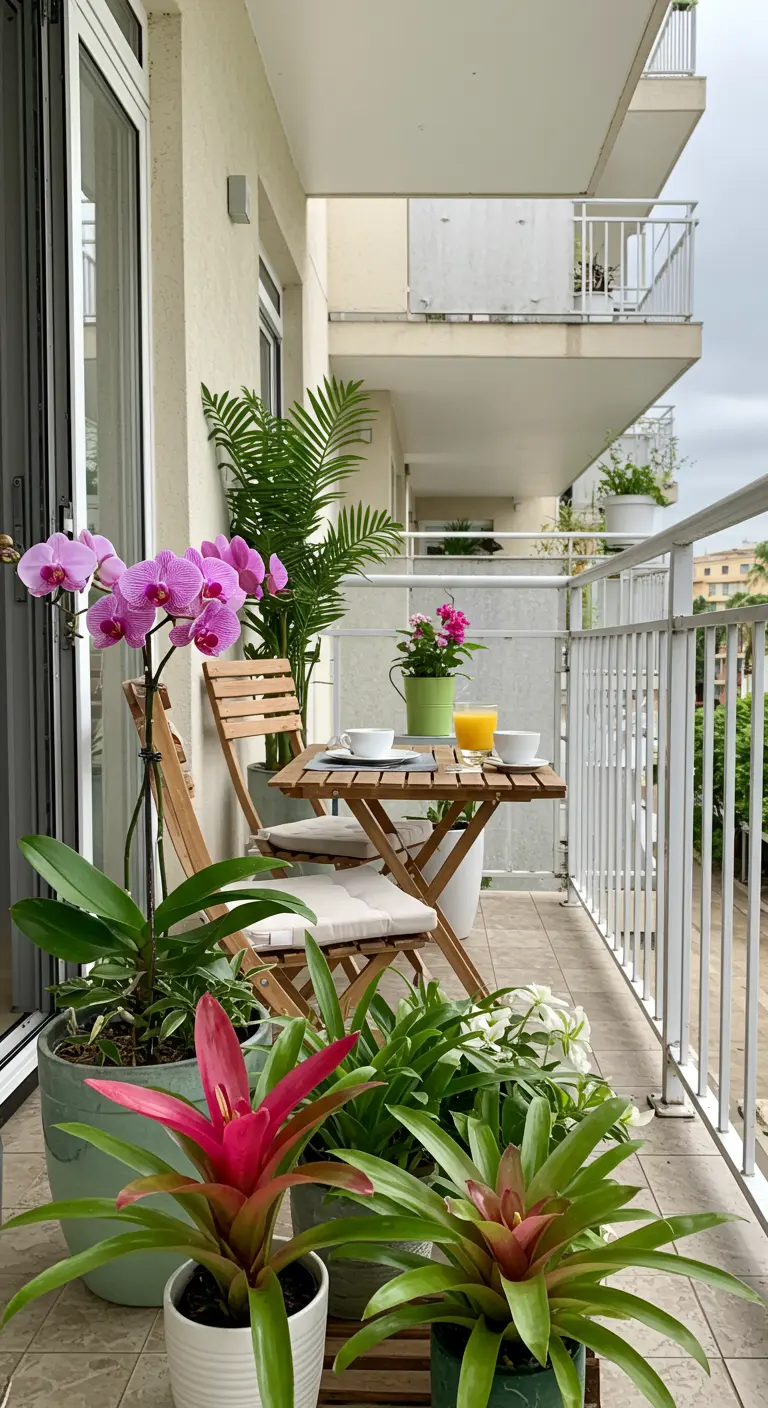 Klein balkon met bistroset, koffie en felgekleurde tropische planten in potten.