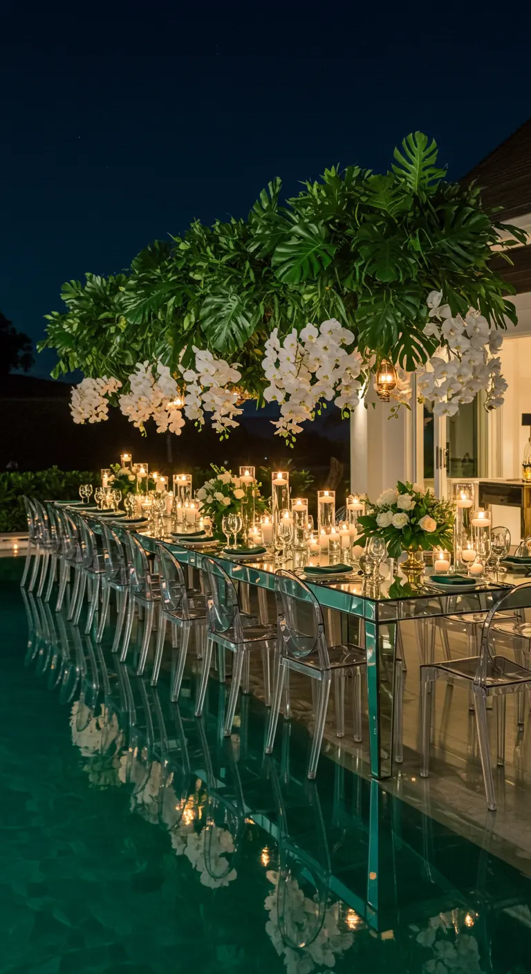 Luxe dinertafel naast een zwembad met hangende tropische planten.
