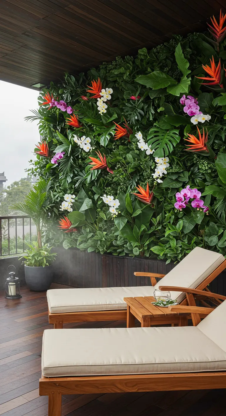 Luxe terras met een verticale junglewand vol orchideeën en tropische planten.