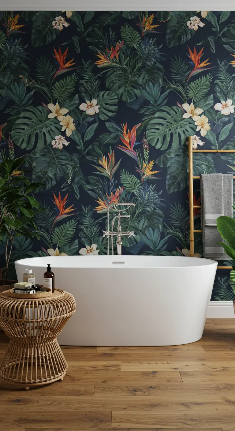 Badkamer met donkerblauw botanisch behang, een wit vrijstaand bad en een rotan tafeltje.