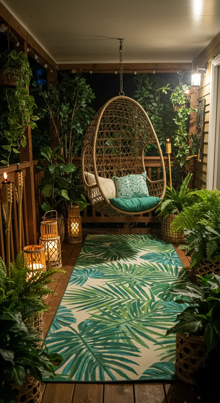 Veranda 's nachts in junglestijl met rotan hangstoel en kleed met palmbladprint.
