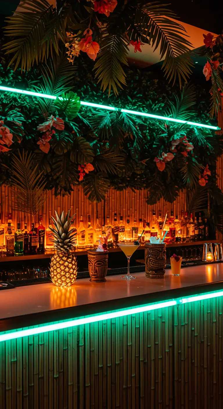 Tiki-bar met bamboe, tropische planten en heldergroene neonverlichting.