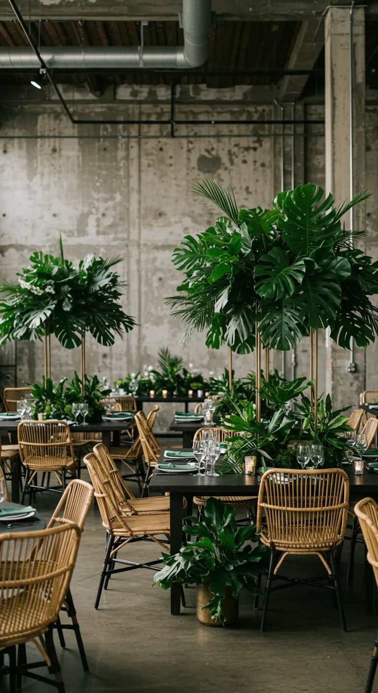 Industriële ruimte met betonnen muren, gedecoreerd met grote tropische blad-arrangementen en rotan stoelen.