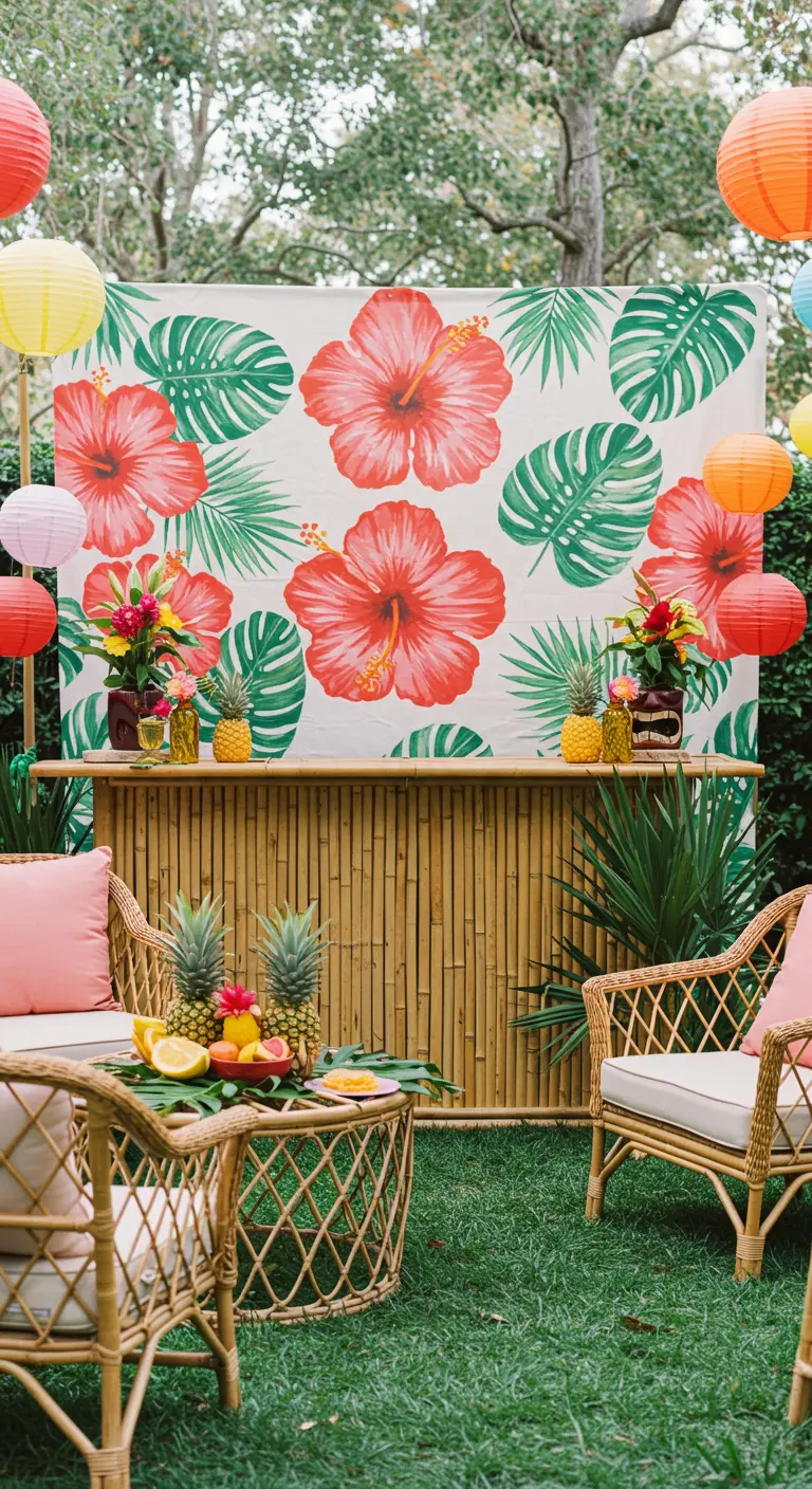 Doek met tropische bloemenprint achter een bamboebar en rotan stoelen.